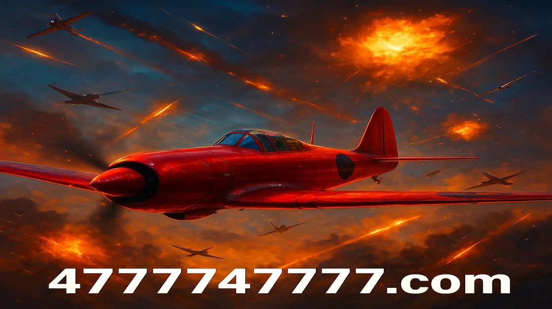 47777 এভিয়েটর গেমটি কেন্দ্রীয় চরিত্র হিসেবে দেখা যায় এক তীব্র আকাশযুদ্ধের দৃশ্যে; যুদ্ধবিমান ও বিস্ফোরণ-ঘটনার মাধ্যমে গেমটির উত্তেজনা প্রকাশ পায়।