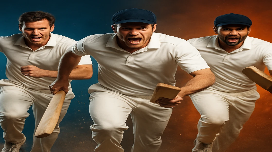 47777 জার্সি পরা একজন আত্মবিশ্বাসী ক্রিকেটার জয় উদযাপন করছেন, চারপাশে ক্রিকেট সরঞ্জাম ও স্ক্রিনে প্রদর্শিত লাইভ ম্যাচ তথ্য দ্বারা ঘেরা।