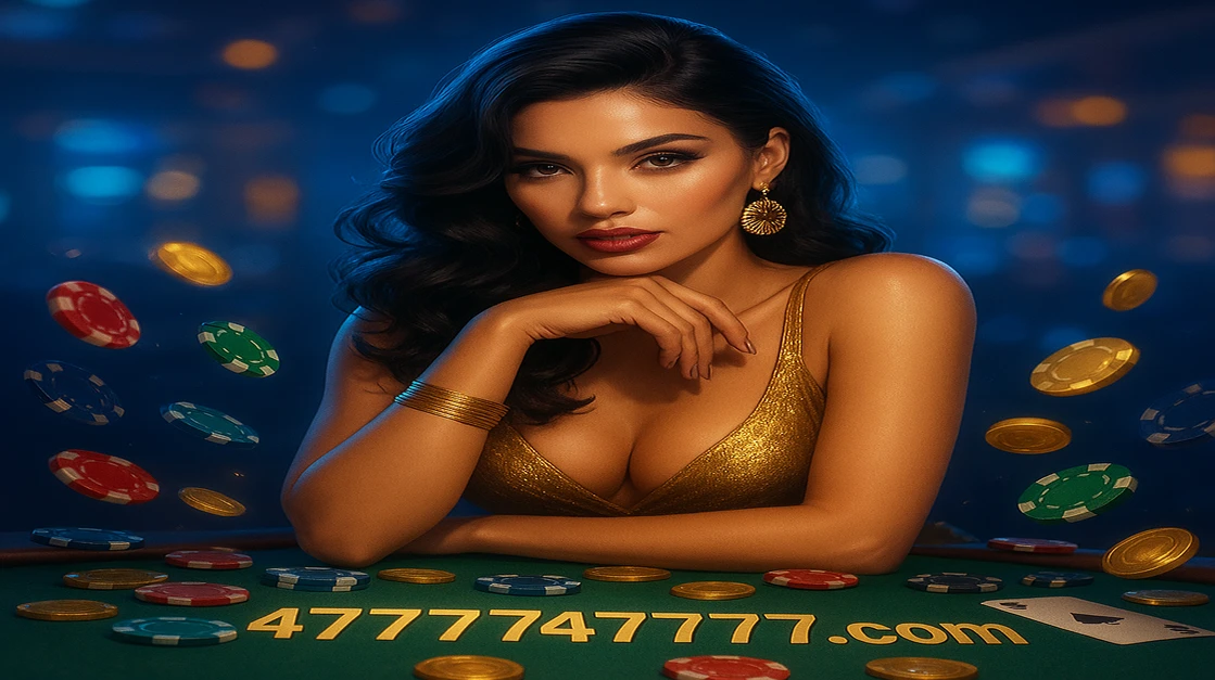 47777 লাইভ গেমিং প্ল্যাটফর্মে একটি সুন্দর ডিলার একটি টেবিলে আপনাকে খেলার জন্য আমন্ত্রণ জানাচ্ছেন, ১০০% স্বাগতম বোনাসসহ; চারদিকে ছড়িয়ে থাকা মুদ্রা ও উড়ন্ত সোনা কয়েনে ঘেরা।