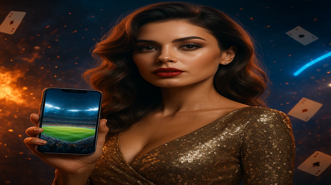 একটি সুন্দর নারী মোবাইল ধরে 47777 অ্যাপ দেখাচ্ছে; স্ক্রিনে স্টেডিয়াম দেখা যাচ্ছে, চারপাশে উড়ন্ত প্লেয়িং কার্ড জ্বলন্ত পরিবেশে ছড়িয়ে আছে।